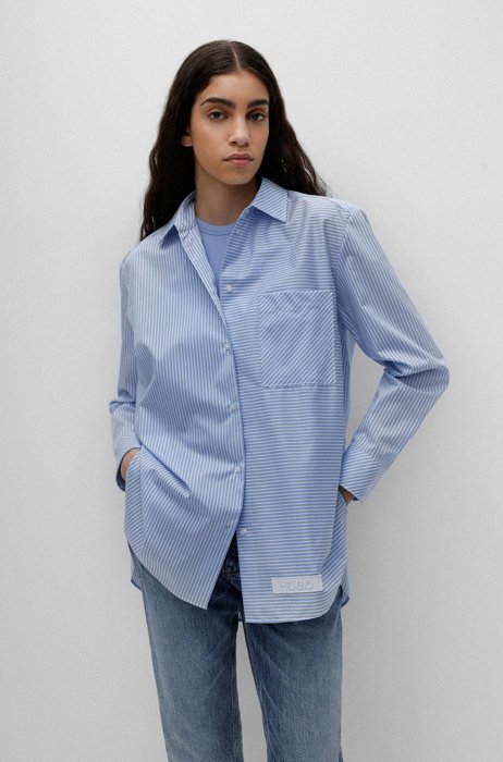 Oversized-fit blouse in striped cotton twill, Light Blue