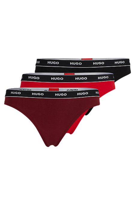 Three-pack of stretch-cotton thong briefs with logos, Black / Red