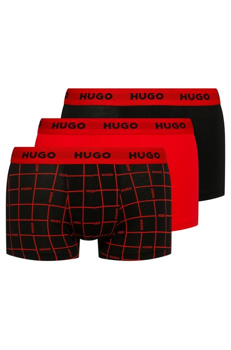 Three-pack of logo-waistband trunks in stretch cotton, Black/Red