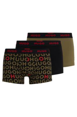 Hugo Triple-pack Of Stretch-cotton Trunks With Logo Waistbands In Green