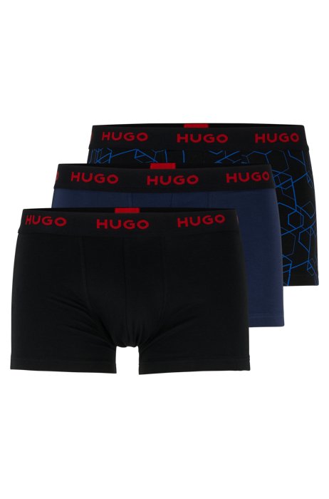 Three-pack of logo-waistband trunks in stretch cotton, Black/Blue/Dark Blue