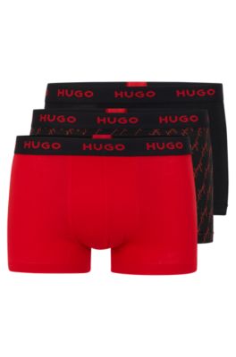 Hugo Three-pack Of Logo-waistband Trunks In Stretch Cotton In Red