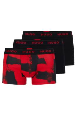 Hugo Triple-pack Of Stretch-cotton Trunks With Logo Waistbands In Red