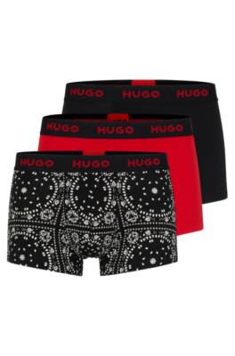 Hugo Triple-pack Of Stretch-cotton Trunks With Logo Waistbands In Black/red