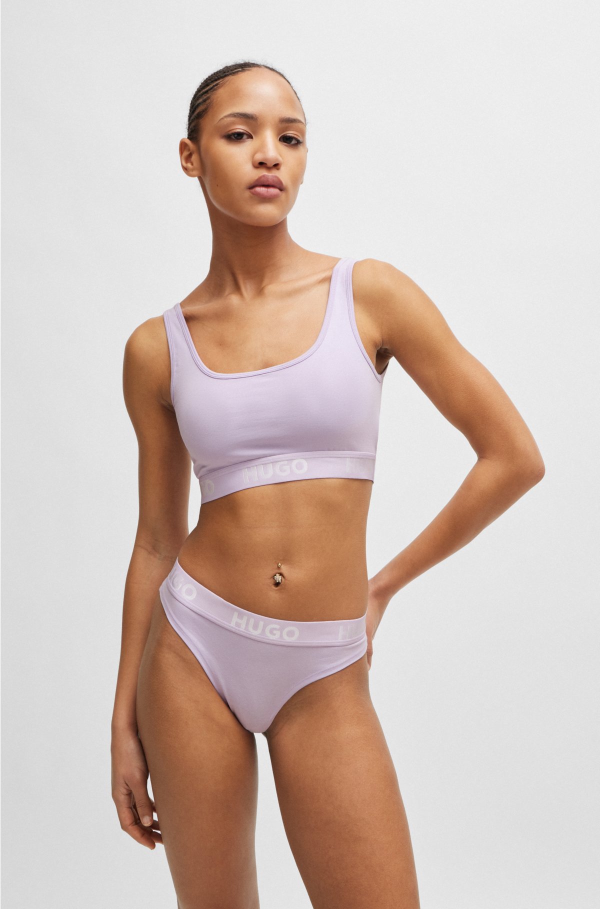 Stretch-cotton bralette with contrast logo band, Light Purple