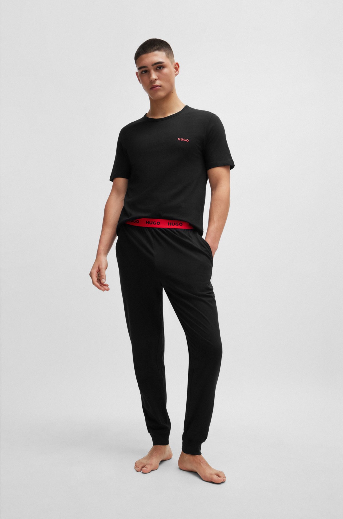 Stretch-cotton pyjama bottoms with logo waistband, Black
