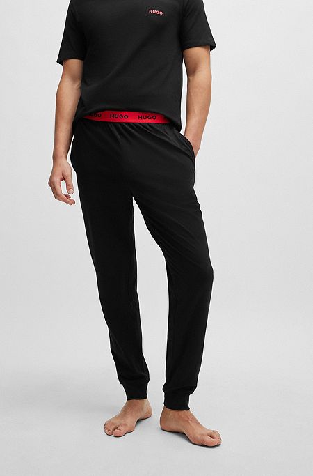 Stretch-cotton pyjama bottoms with logo waistband, Black