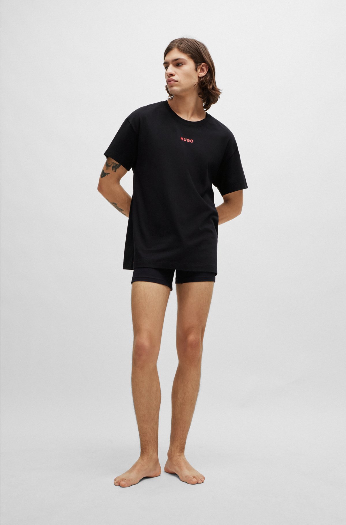 Relaxed-fit pyjama T-shirt in stretch cotton with logo, Black