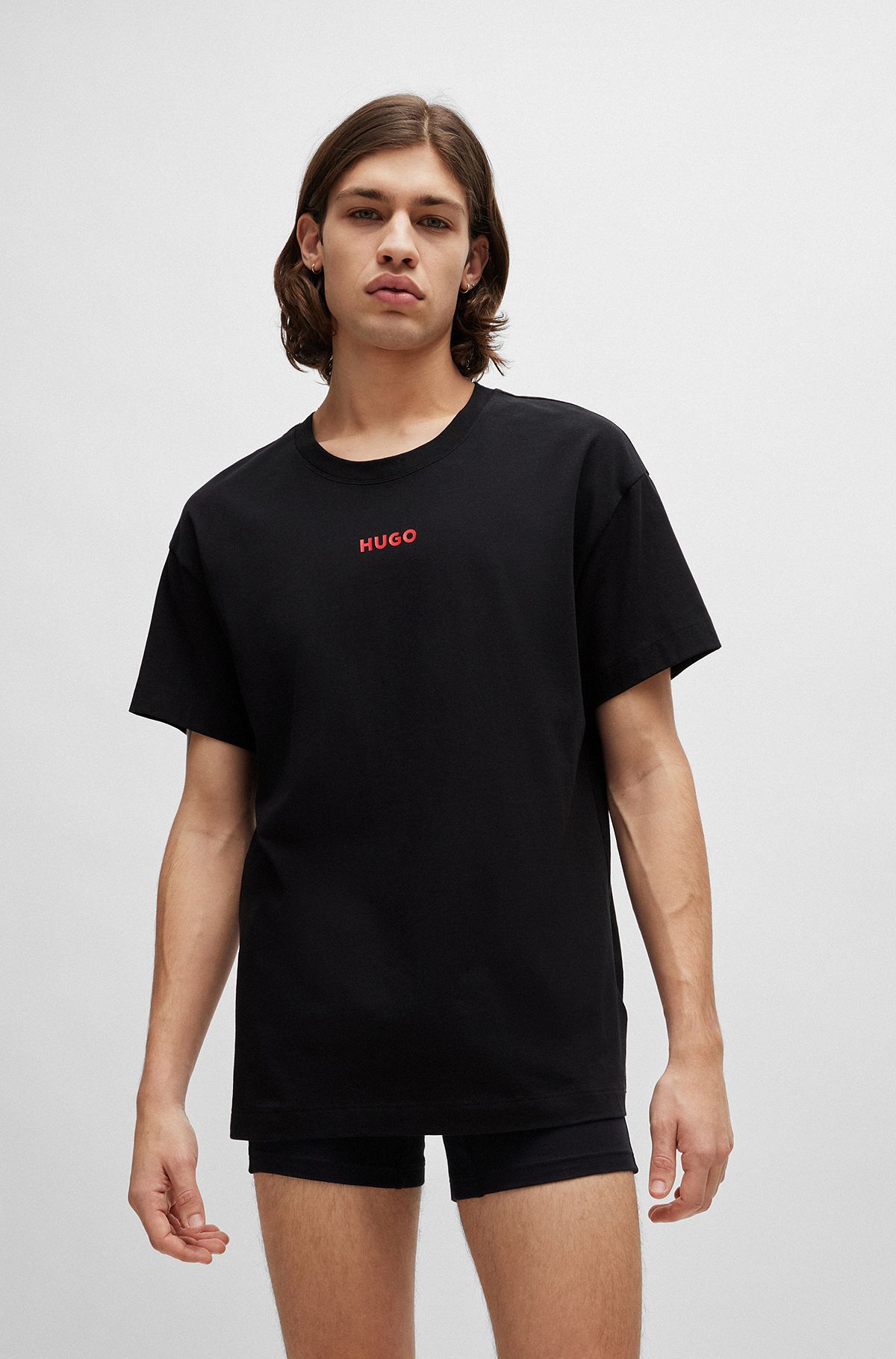 Relaxed-fit pyjama T-shirt in stretch cotton with logo, Black
