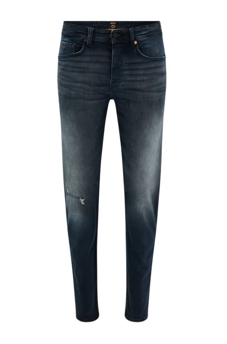 Tapered-fit jeans van gebreid stretchdenim, Donkerblauw