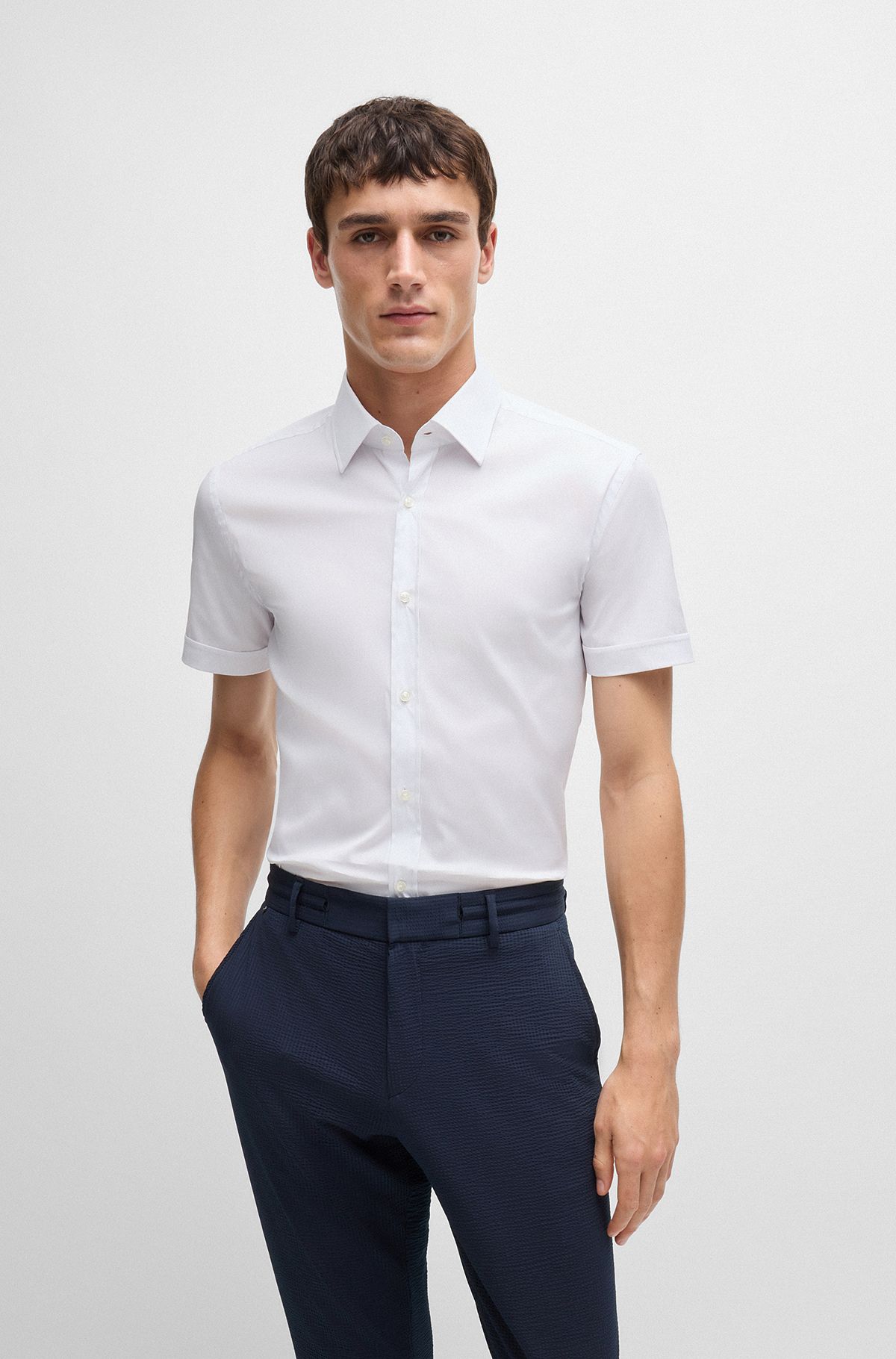 Slim-fit shirt in easy-iron stretch poplin, White