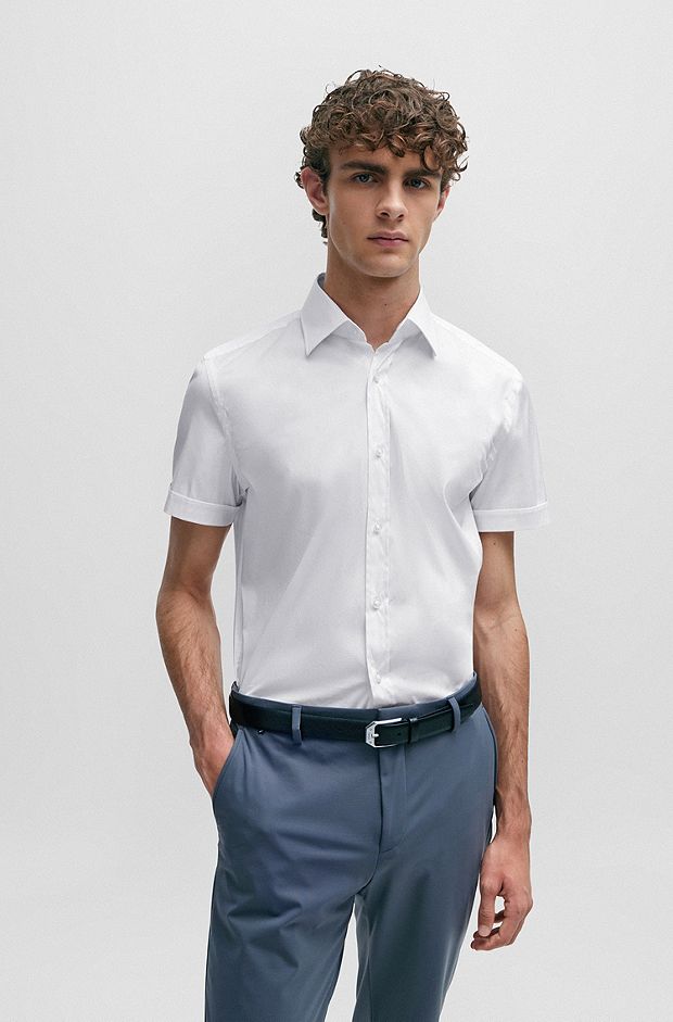 Slim-fit shirt in easy-iron stretch poplin, White