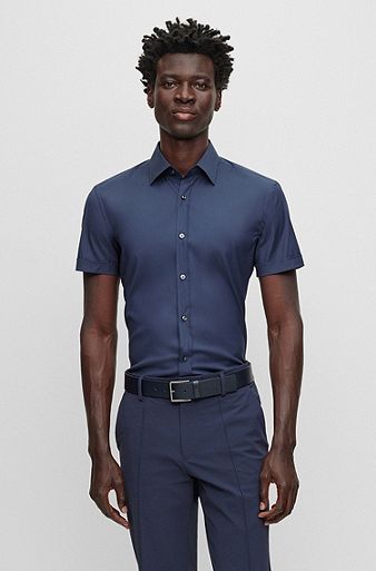 Slim-fit shirt in easy-iron stretch poplin, Dark Blue