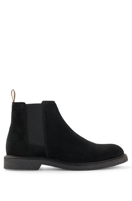 Chelsea boots in suede with embossed logo, Black