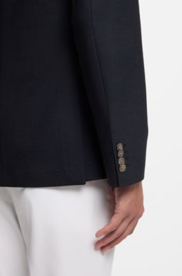Slim-fit blazer in micro-patterned stretch wool, Dark Blue