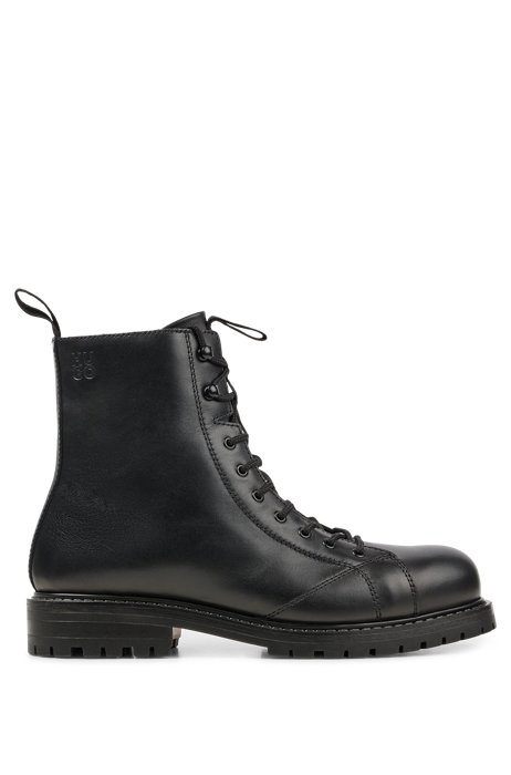 Leather lace-up combat boots with rubber lug sole, Black