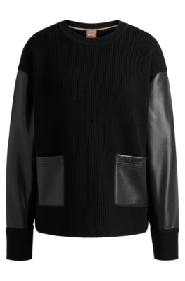 Virgin-wool sweater with faux-leather sleeves, Black