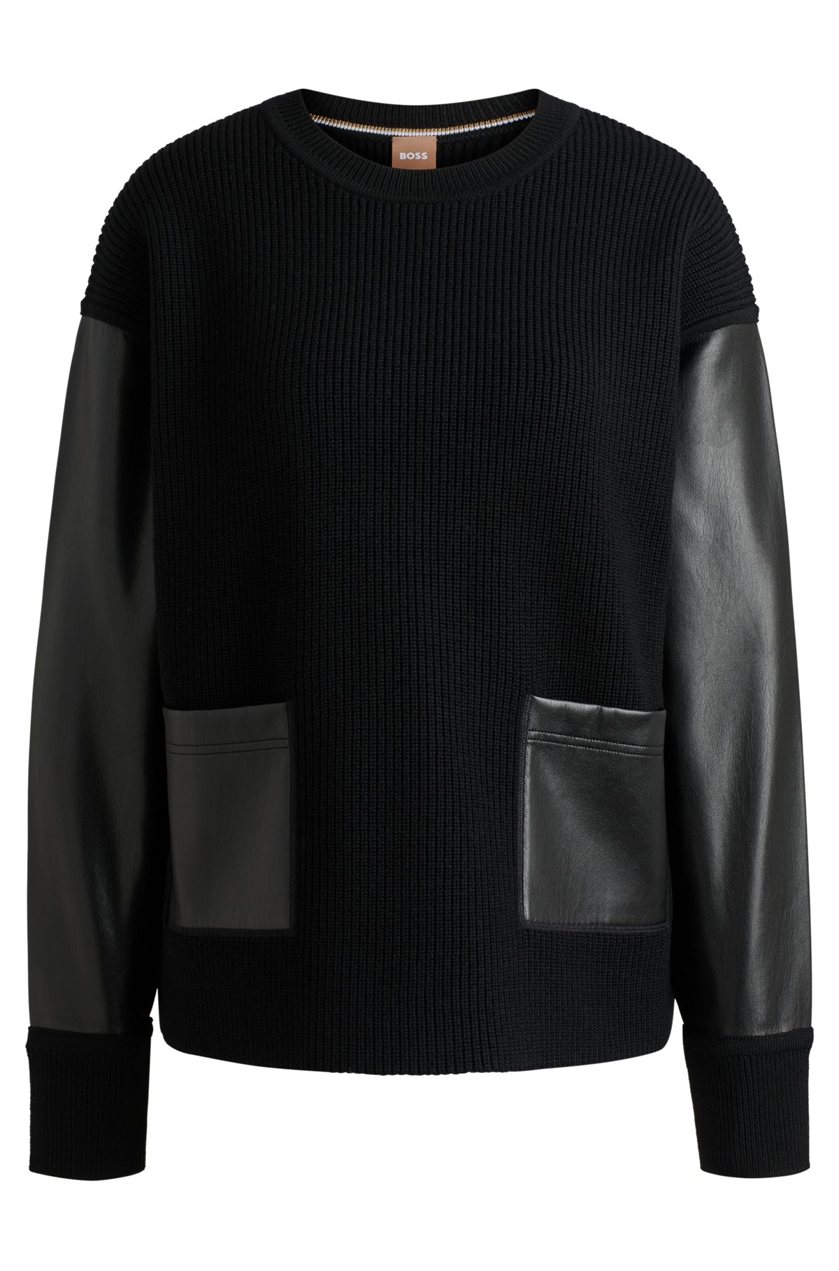 Virgin-wool sweater with faux-leather sleeves, Black