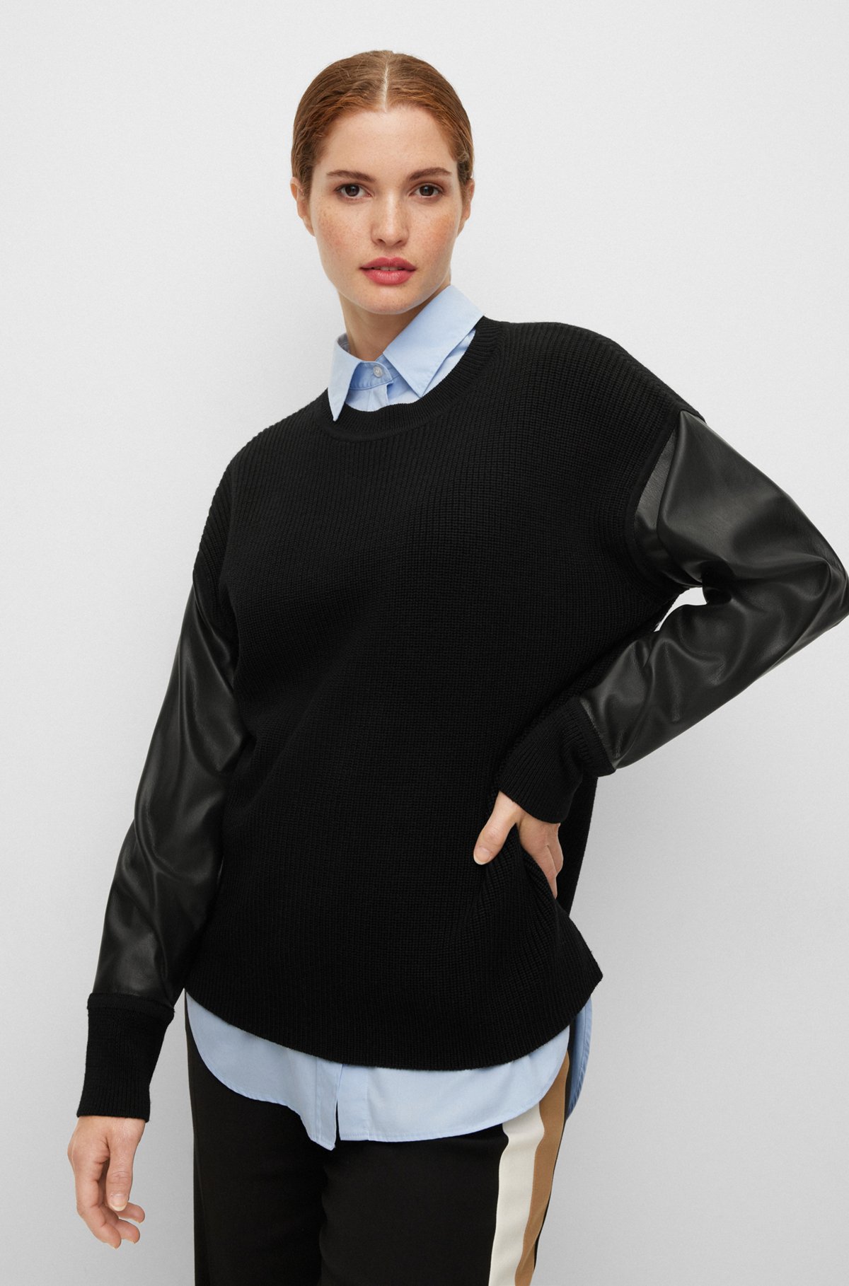 Virgin-wool sweater with faux-leather sleeves, Black