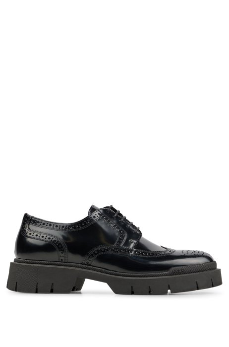 Leather Derby shoes with brogue details and padded insole, Black
