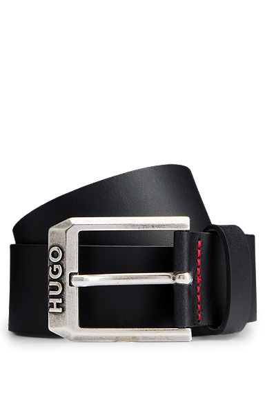 Leather belt with logo pin buckle, Black
