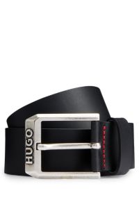 Cintura in pelle con fibbia con logo, Nero