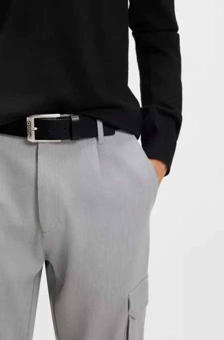 Leather belt with logo buckle