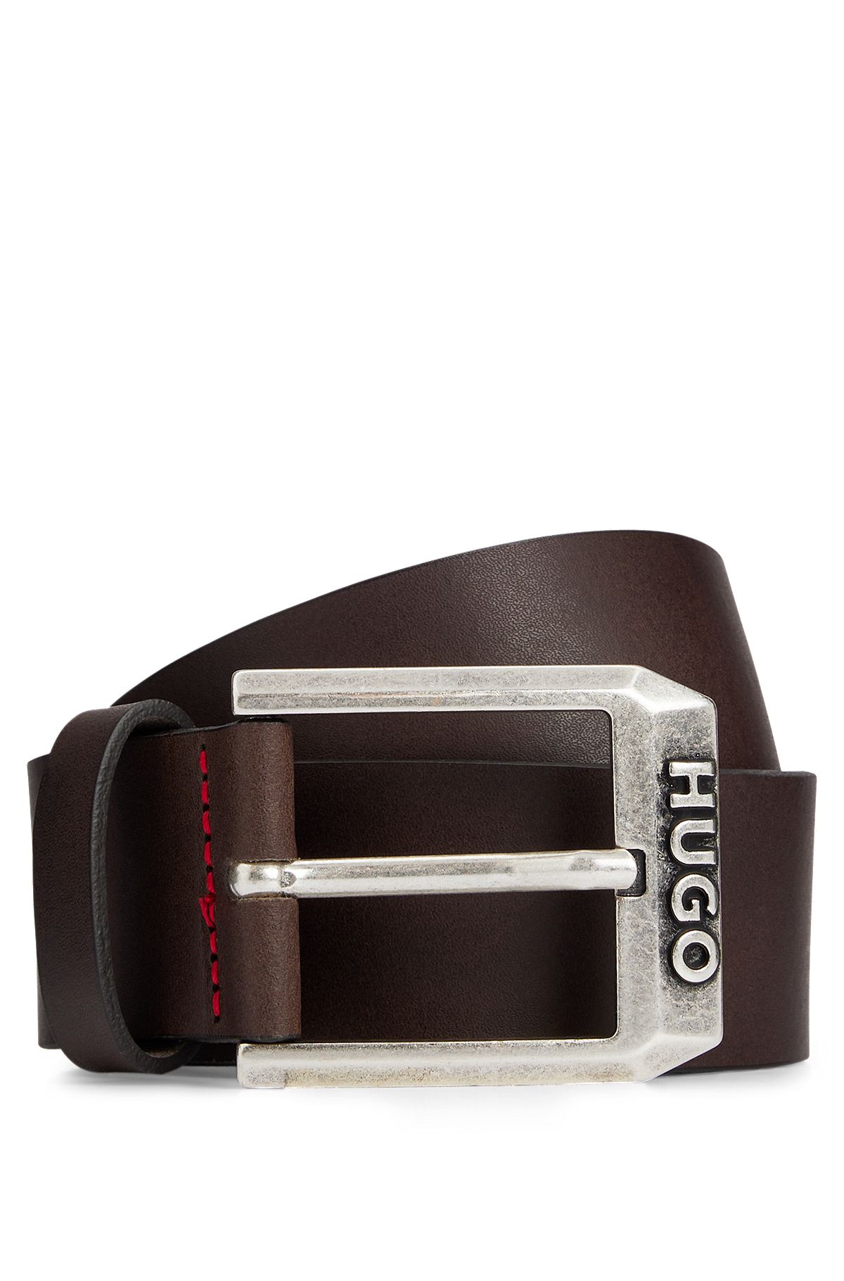 Leather belt with logo pin buckle, Dark Brown