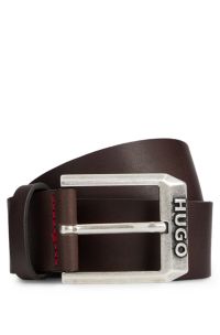 Leather belt with logo buckle, Dark Brown