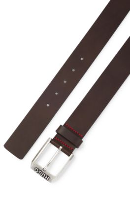 Leather belt with logo buckle, Dark Brown