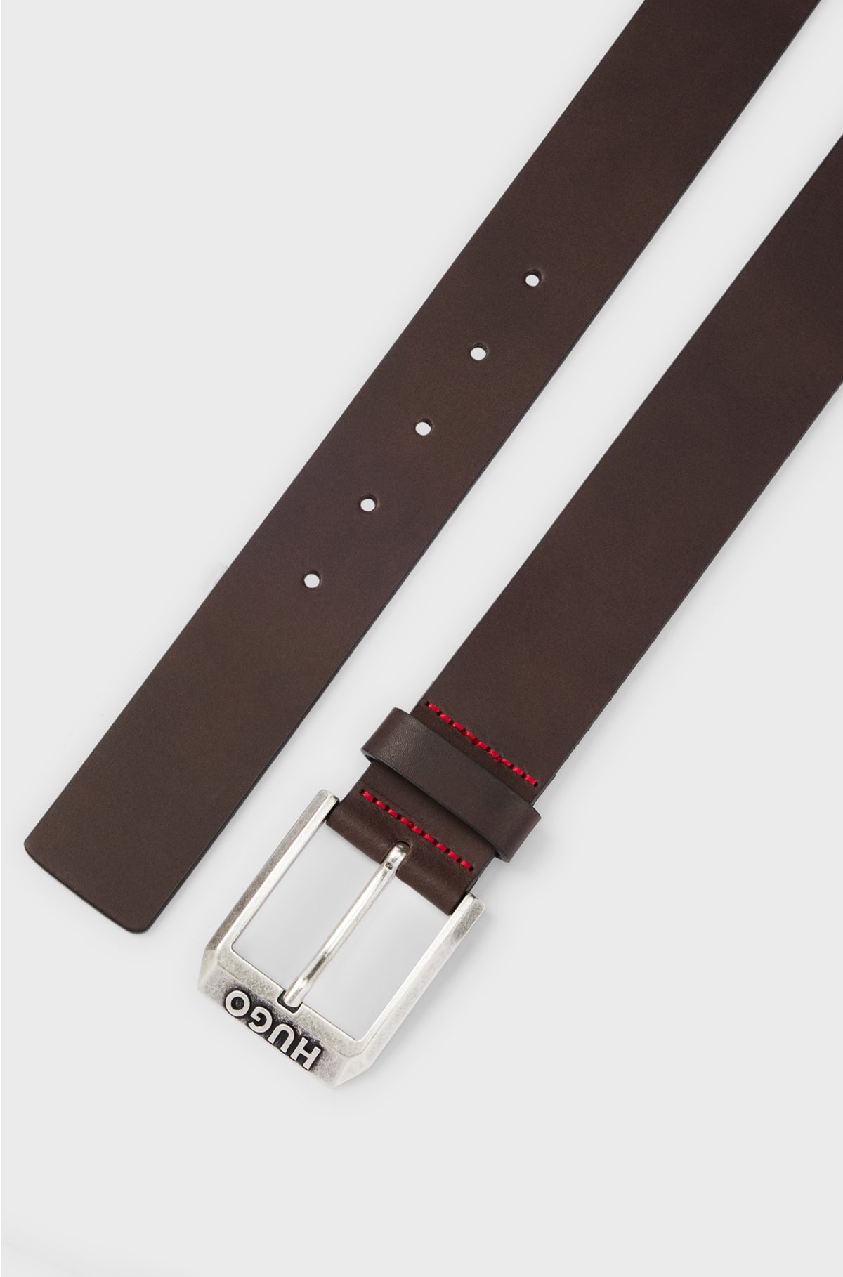 Leather belt with logo pin buckle, Dark Brown