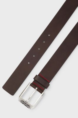 Leather belt with logo buckle, Dark Brown