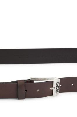 Leather belt with logo buckle, Dark Brown