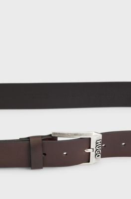 Leather belt with logo buckle, Dark Brown