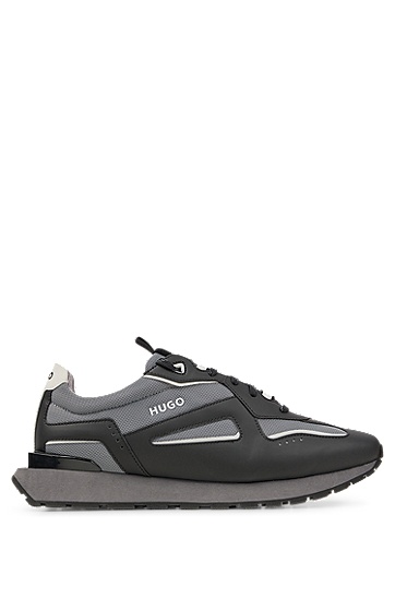 HUGO 雨果混合材质系带运动鞋,  001_Black