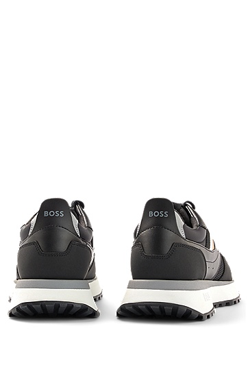 BOSS 博斯经典条纹混合材质运动鞋,  001_Black