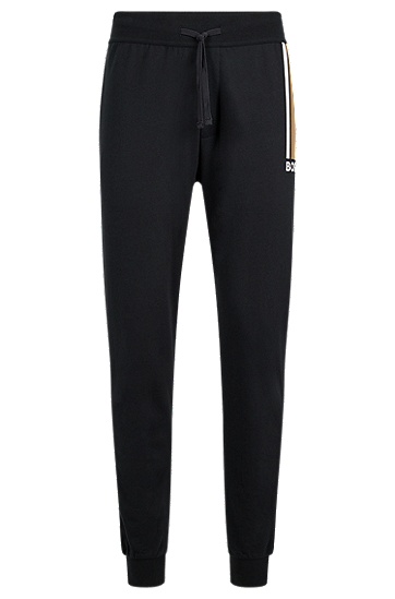 BOSS 博斯徽标和条纹装饰棉质毛圈布运动裤,  001_Black