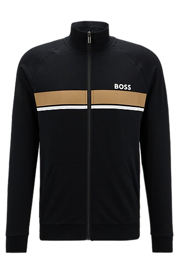 BOSS 博斯徽标和条纹装饰棉质毛圈布家居夹克外套,  001_Black