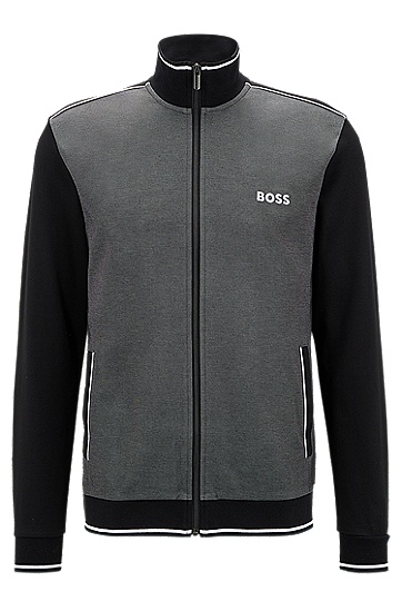 BOSS 博斯带条纹和徽标装饰的棉质混纺家居便服夹克外套,  001_Black