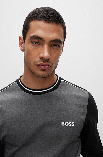 BOSS 博斯条纹和徽标装饰棉质混纺居家运动衫,  001_Black