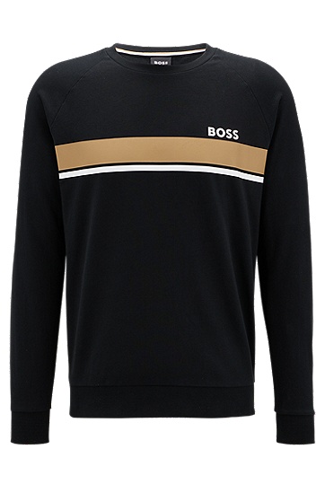 BOSS 博斯徽标和条纹装饰棉质毛圈布家居运动衫,  001_Black