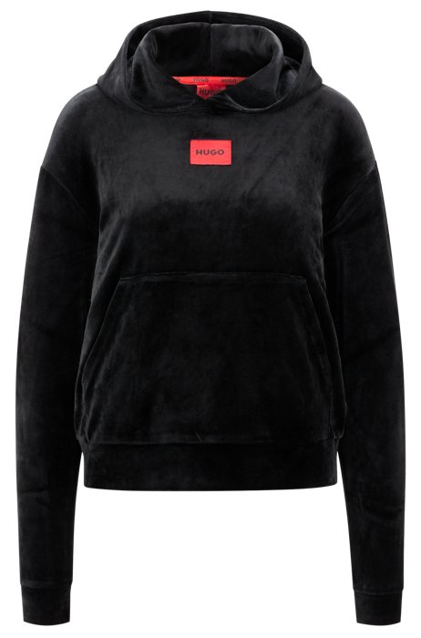 Velvet hoodie with red logo label, Black