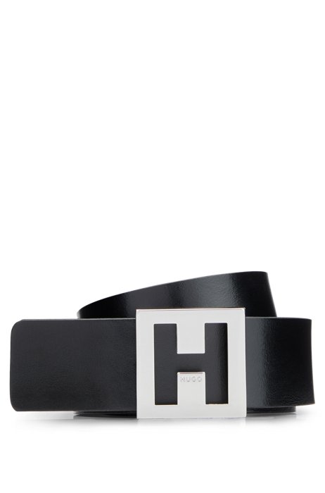 Reversible belt in Italian leather with signature buckle, Black