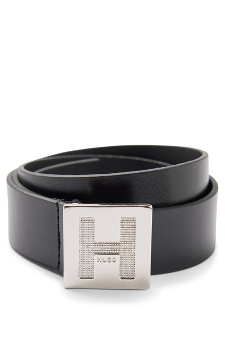 Italian-made belt in smooth leather with signature buckle, Black