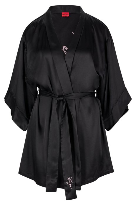 Satin dressing gown with handwritten logo embroidery, Black