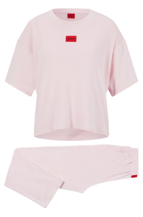 Relaxed-fit terry pyjama set with red logo labels, light pink