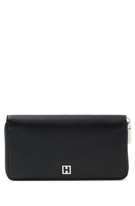 Ziparound wallet in faux leather with metal logo trim, Black