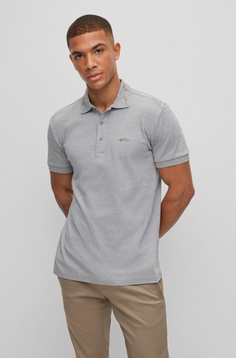 Interlock-cotton polo shirt with grid artwork, Light Grey