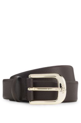 Italian-made grained-leather belt with logo-engraved buckle, Dark Brown