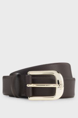 Italian-made grained-leather belt with logo-engraved buckle, Dark Brown